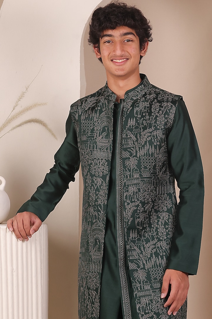 Bottle Green Slub Silk Thread Embroidered Long Jacket Set For Boys by All Boy Couture at Pernia's Pop Up Shop