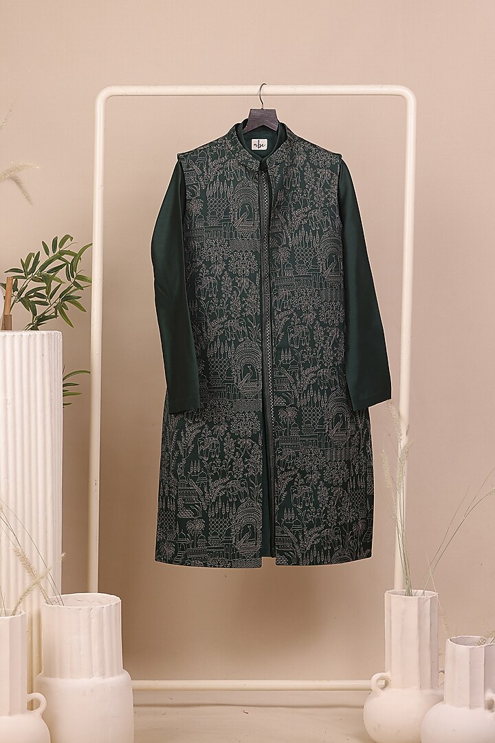 Bottle Green Slub Silk Thread Embroidered Long Jacket Set For Boys by All Boy Couture at Pernia's Pop Up Shop