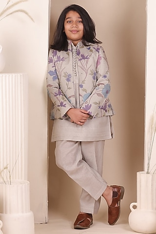Grey Tissue Floral Printed Bandhgala Set For Boys by All Boy Couture