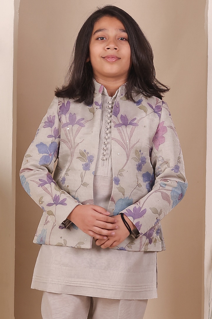 Grey Tissue Floral Printed Bandhgala Set For Boys by All Boy Couture at Pernia's Pop Up Shop