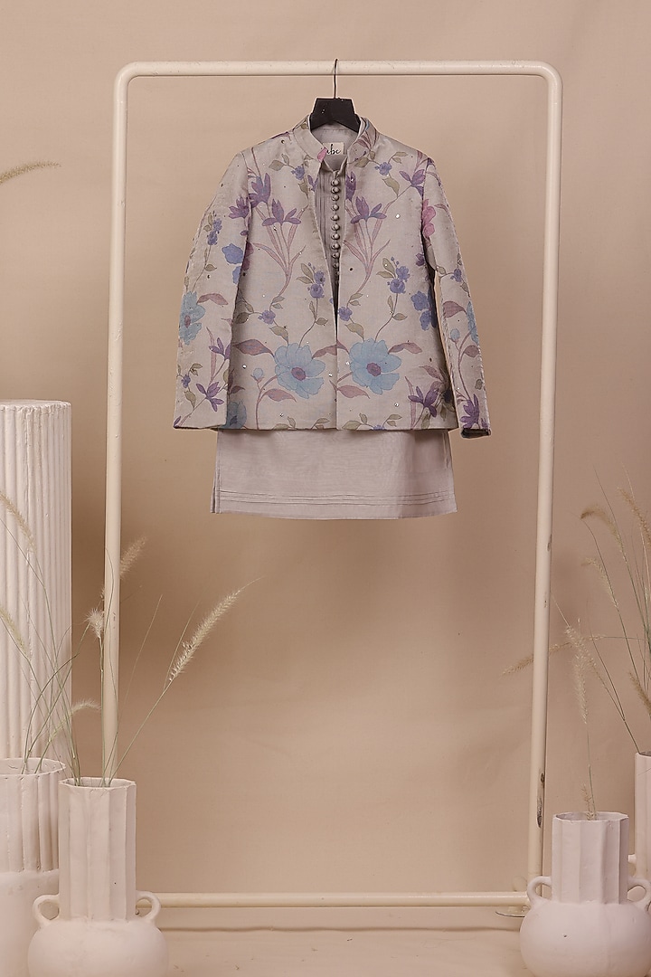 Grey Tissue Floral Printed Bandhgala Set For Boys by All Boy Couture at Pernia's Pop Up Shop