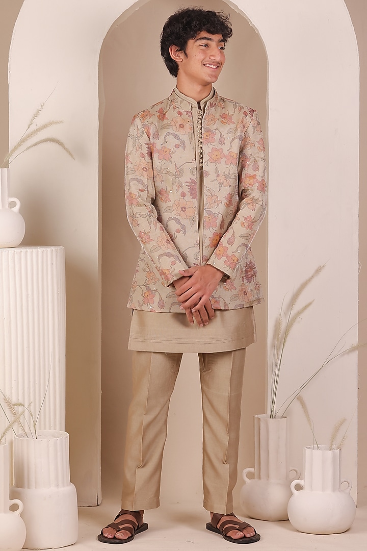 Beige Tissue Floral Printed Bandhgala Set For Boys by All Boy Couture at Pernia's Pop Up Shop