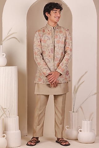 Beige Tissue Floral Printed Bandhgala Set For Boys by All Boy Couture