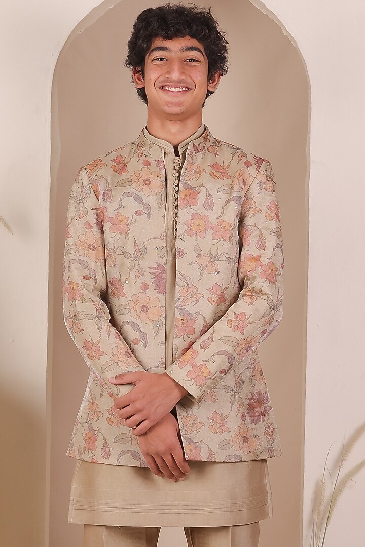 Beige Tissue Floral Printed Bandhgala Set For Boys by All Boy Couture at Pernia's Pop Up Shop