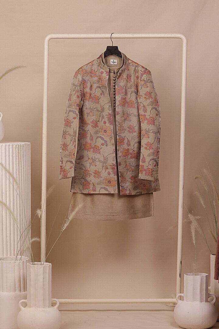 Beige Tissue Floral Printed Bandhgala Set For Boys by All Boy Couture at Pernia's Pop Up Shop