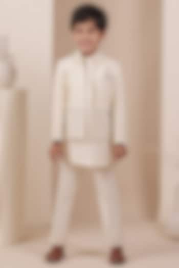 Beige Matka Linen Striped Bandhgala Set For Boys by All Boy Couture at Pernia's Pop Up Shop