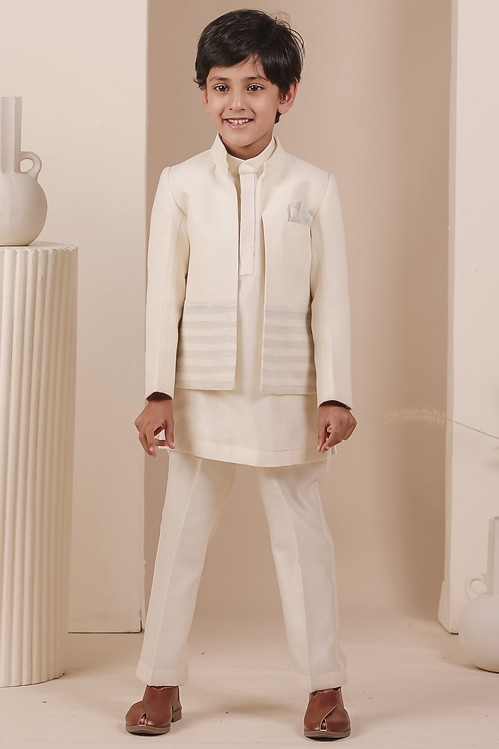 Beige Matka Linen Striped Bandhgala Set For Boys by All Boy Couture at Pernia's Pop Up Shop