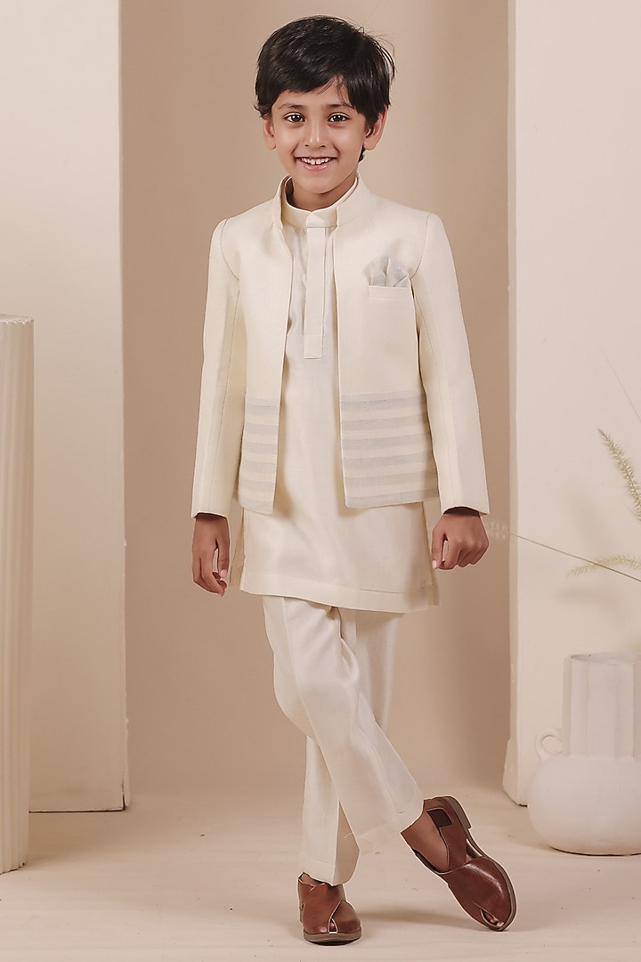 Beige Matka Linen Striped Bandhgala Set For Boys by All Boy Couture at Pernia's Pop Up Shop