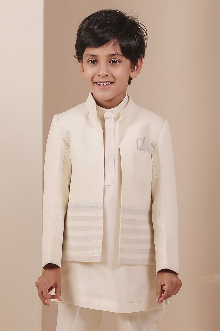Beige Matka Linen Striped Bandhgala Set For Boys by All Boy Couture at Pernia's Pop Up Shop