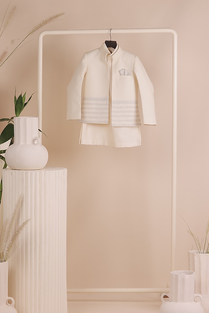 Beige Matka Linen Striped Bandhgala Set For Boys by All Boy Couture at Pernia's Pop Up Shop