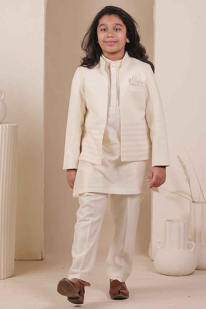 Beige Matka Linen Striped Bandhgala Set For Boys by All Boy Couture at Pernia's Pop Up Shop