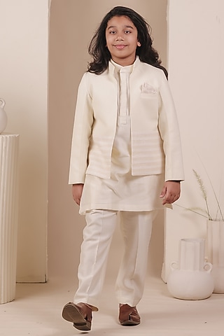 Beige Matka Linen Striped Bandhgala Set For Boys by All Boy Couture