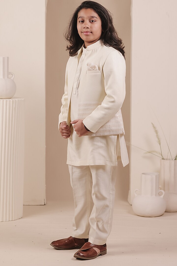 Beige Matka Linen Striped Bandhgala Set For Boys by All Boy Couture at Pernia's Pop Up Shop
