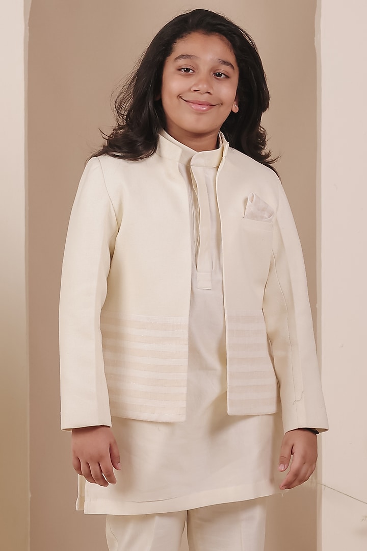 Beige Matka Linen Striped Bandhgala Set For Boys by All Boy Couture at Pernia's Pop Up Shop
