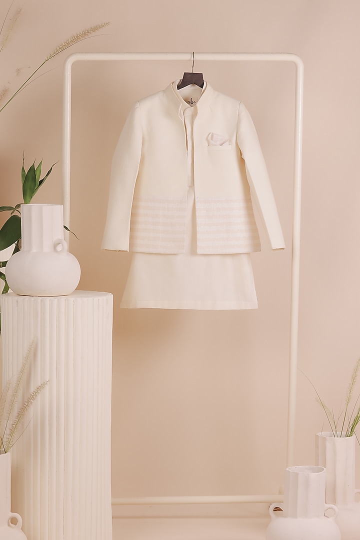 Beige Matka Linen Striped Bandhgala Set For Boys by All Boy Couture at Pernia's Pop Up Shop