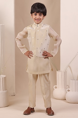 Beige Tissue Silk Sequin Work Nehru Jacket Set For Boys by All Boy Couture
