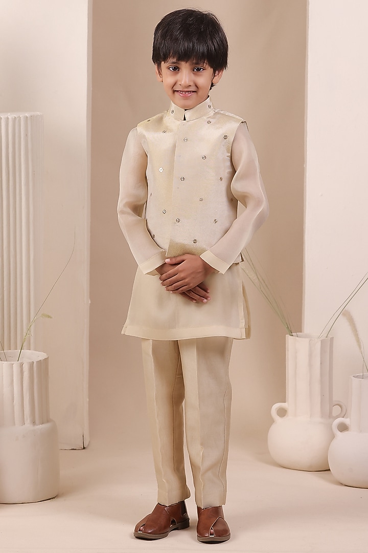 Beige Tissue Silk Sequin Work Nehru Jacket Set For Boys by All Boy Couture at Pernia's Pop Up Shop