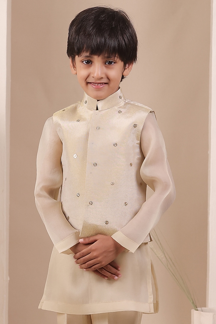 Beige Tissue Silk Sequin Work Nehru Jacket Set For Boys by All Boy Couture at Pernia's Pop Up Shop
