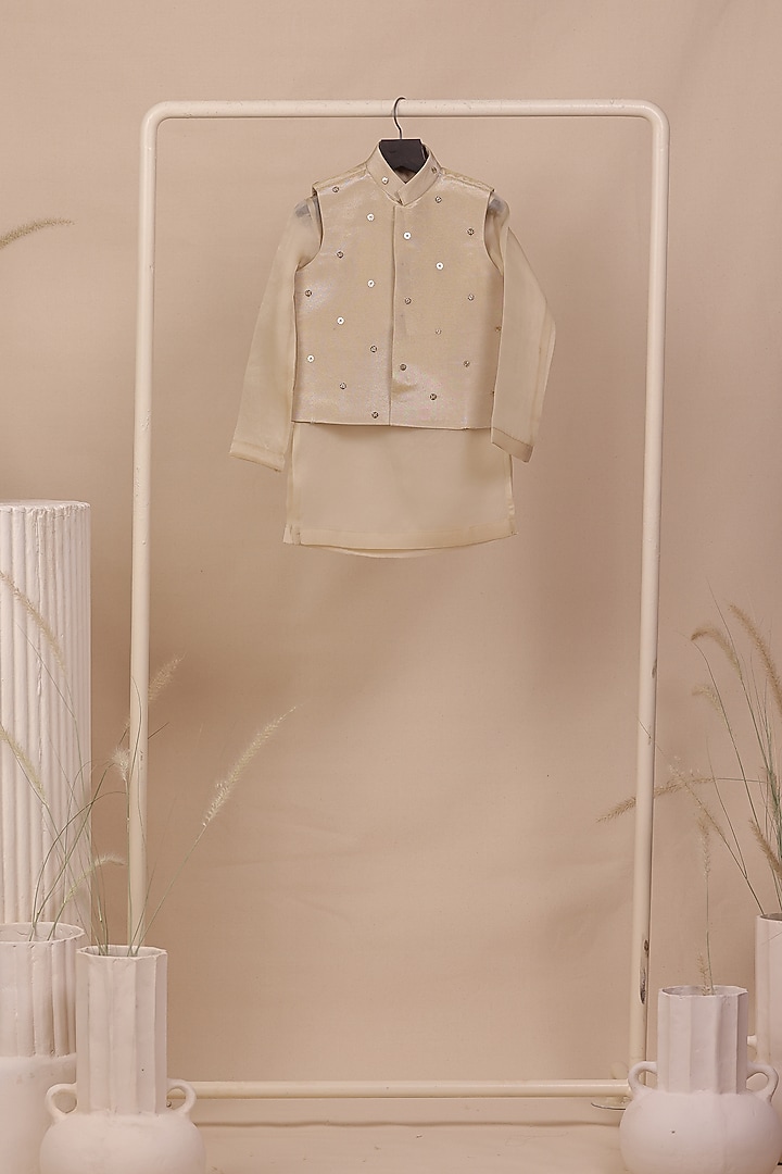 Beige Tissue Silk Sequin Work Nehru Jacket Set For Boys by All Boy Couture at Pernia's Pop Up Shop