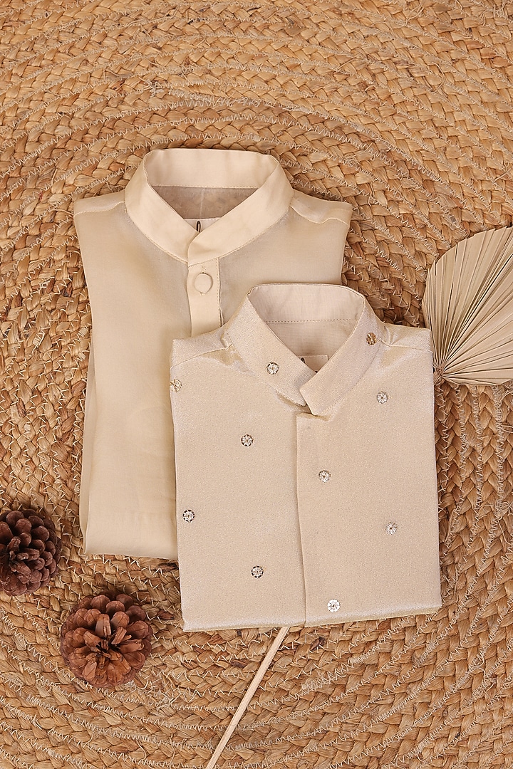 Beige Tissue Silk Sequin Work Nehru Jacket Set For Boys by All Boy Couture at Pernia's Pop Up Shop