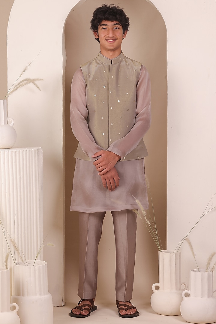 Grey Tissue Silk Sequin Work Nehru Jacket Set For Boys by All Boy Couture at Pernia's Pop Up Shop