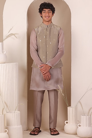 Grey Tissue Silk Sequin Work Nehru Jacket Set For Boys by All Boy Couture