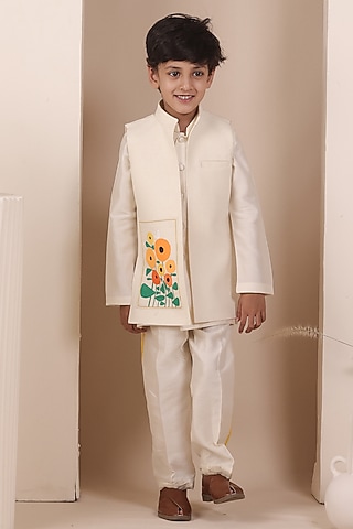 Beige Matka Hand Painted Nehru Jacket Set For Boys by All Boy Couture
