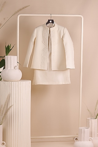 Beige Matka Textured Bandhgala Set For Boys by All Boy Couture