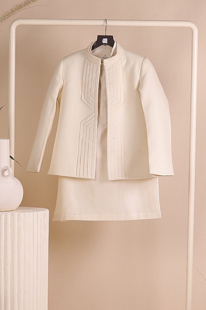 Beige Matka Textured Bandhgala Set For Boys by All Boy Couture at Pernia's Pop Up Shop