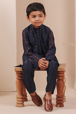 Navy Blue Chanderi Thread Embroidered Jacket Set For Boys by All Boy Couture