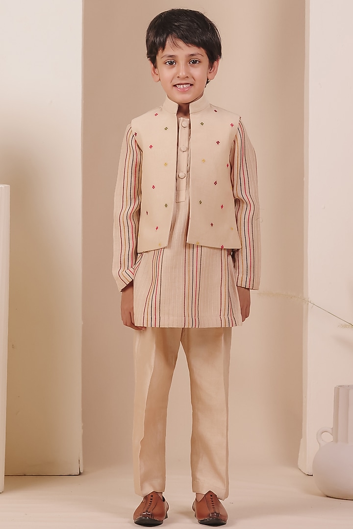 Beige Chanderi Thread Embroidered Jacket Set For Boys by All Boy Couture at Pernia's Pop Up Shop