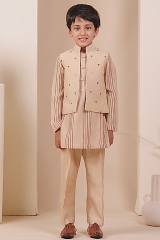 Beige Chanderi Thread Embroidered Jacket Set For Boys by All Boy Couture