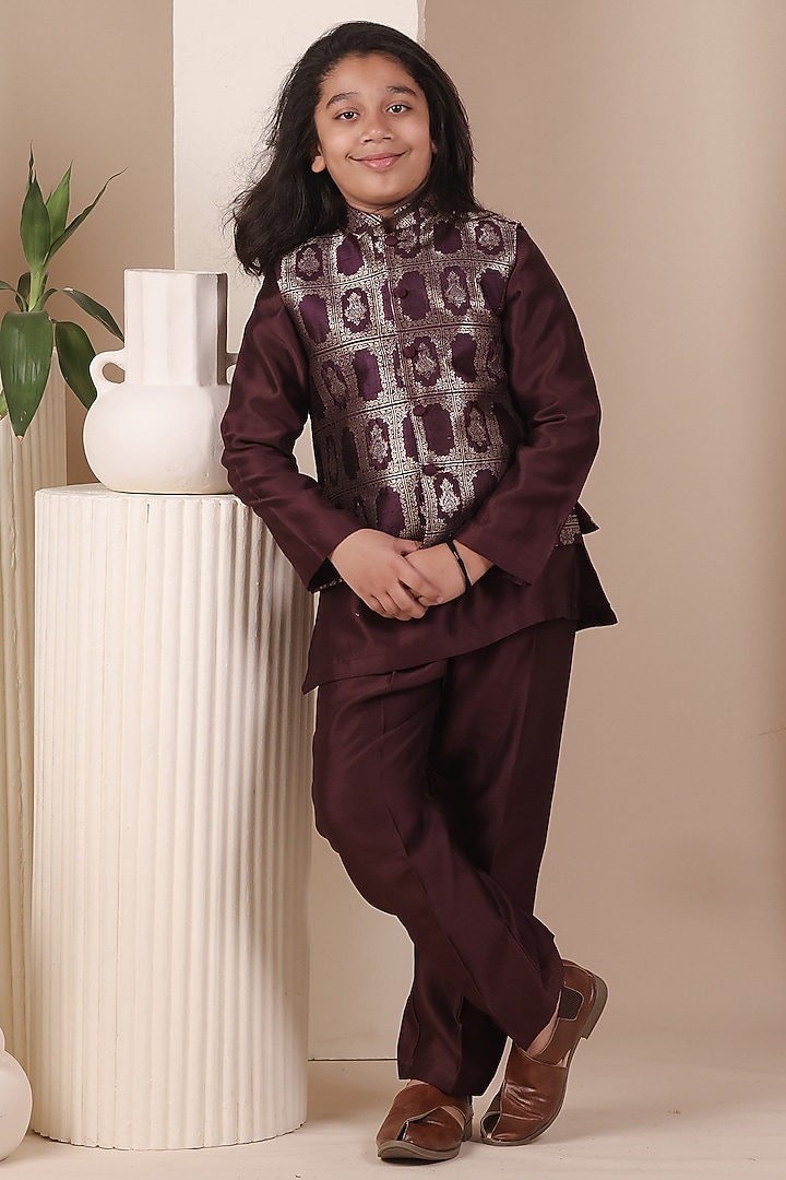 Wine Handloom Tussar Nehru Jacket Set For Boys by All Boy Couture at Pernia's Pop Up Shop
