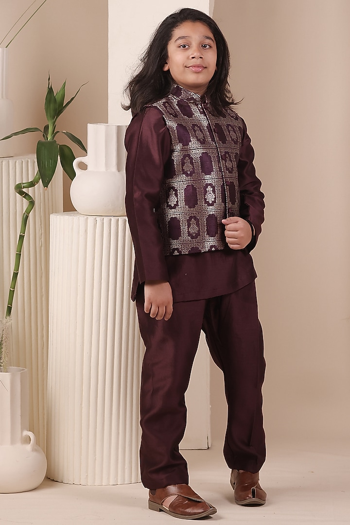Wine Handloom Tussar Nehru Jacket Set For Boys by All Boy Couture at Pernia's Pop Up Shop