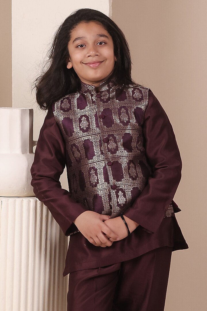 Wine Handloom Tussar Nehru Jacket Set For Boys by All Boy Couture at Pernia's Pop Up Shop