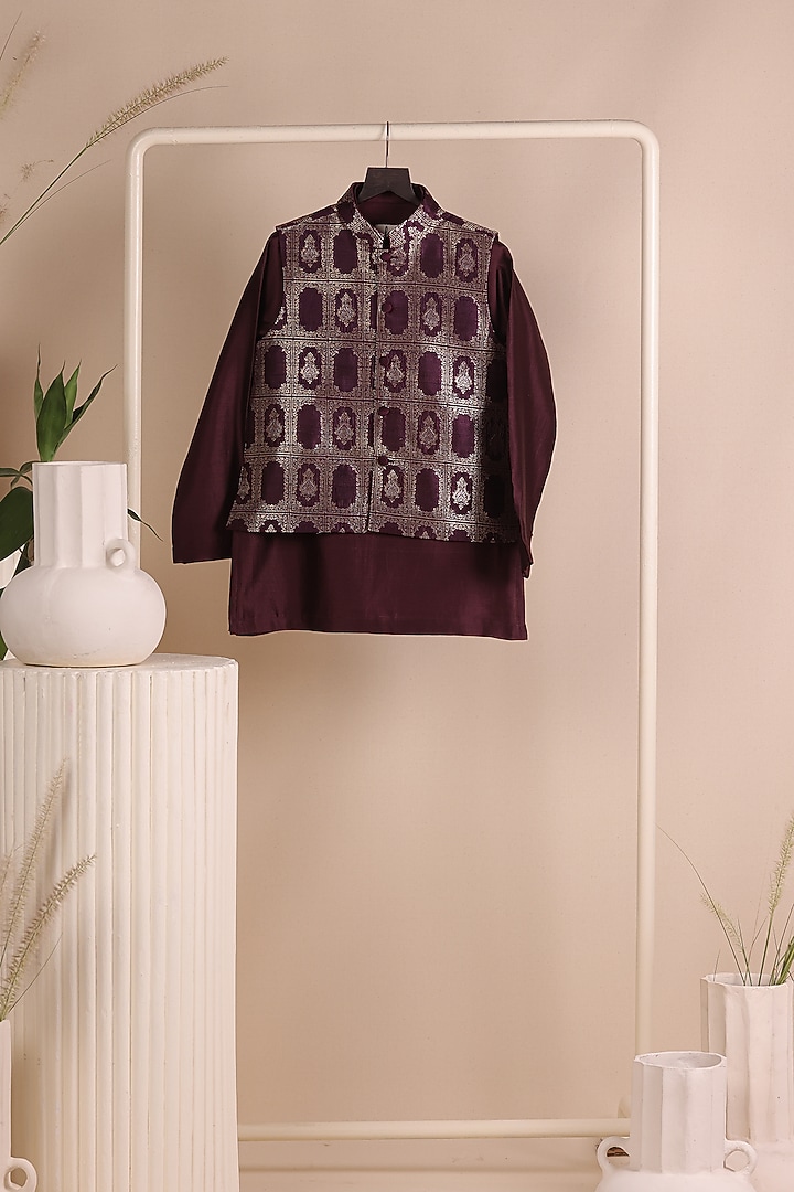 Wine Handloom Tussar Nehru Jacket Set For Boys by All Boy Couture at Pernia's Pop Up Shop