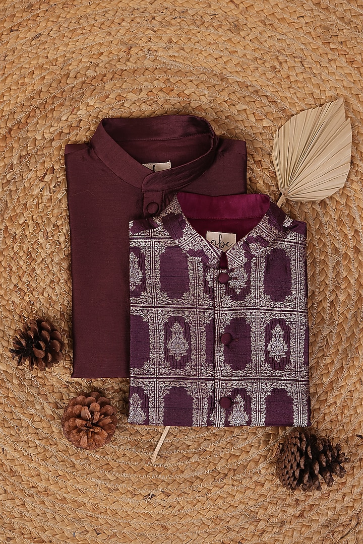 Wine Handloom Tussar Nehru Jacket Set For Boys by All Boy Couture at Pernia's Pop Up Shop