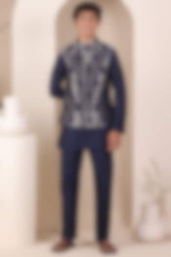 Navy Blue Handloom Tussar Nehru Jacket Set For Boys by All Boy Couture at Pernia's Pop Up Shop