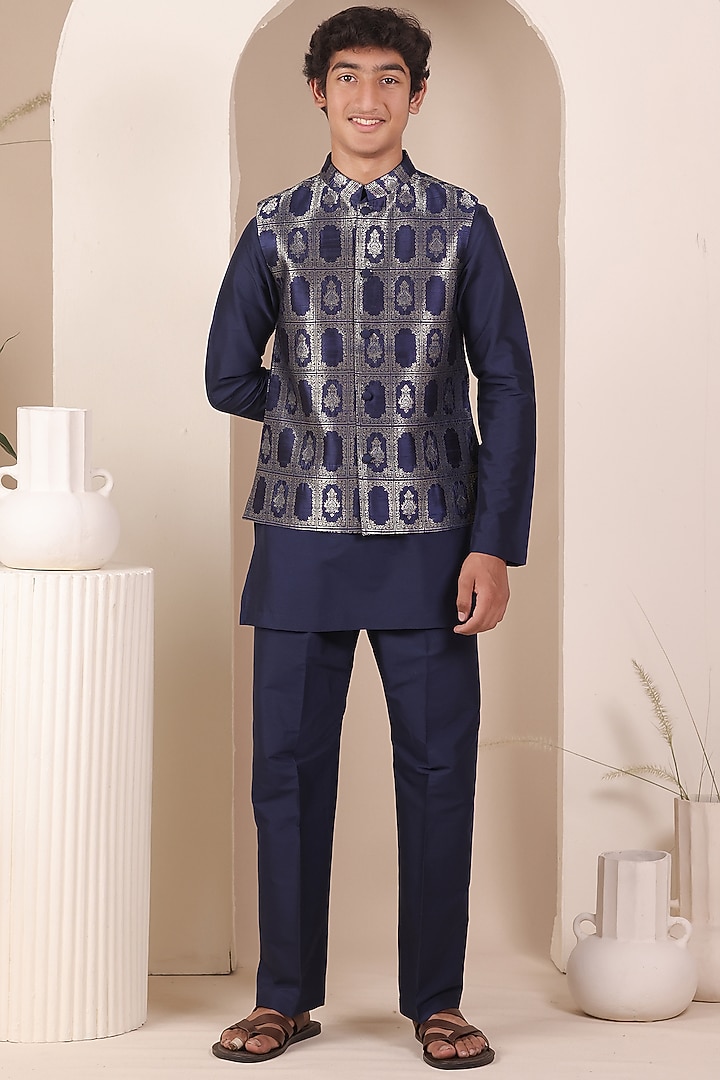 Navy Blue Handloom Tussar Nehru Jacket Set For Boys by All Boy Couture at Pernia's Pop Up Shop