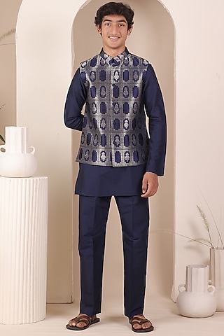Navy Blue Handloom Tussar Nehru Jacket Set For Boys by All Boy Couture