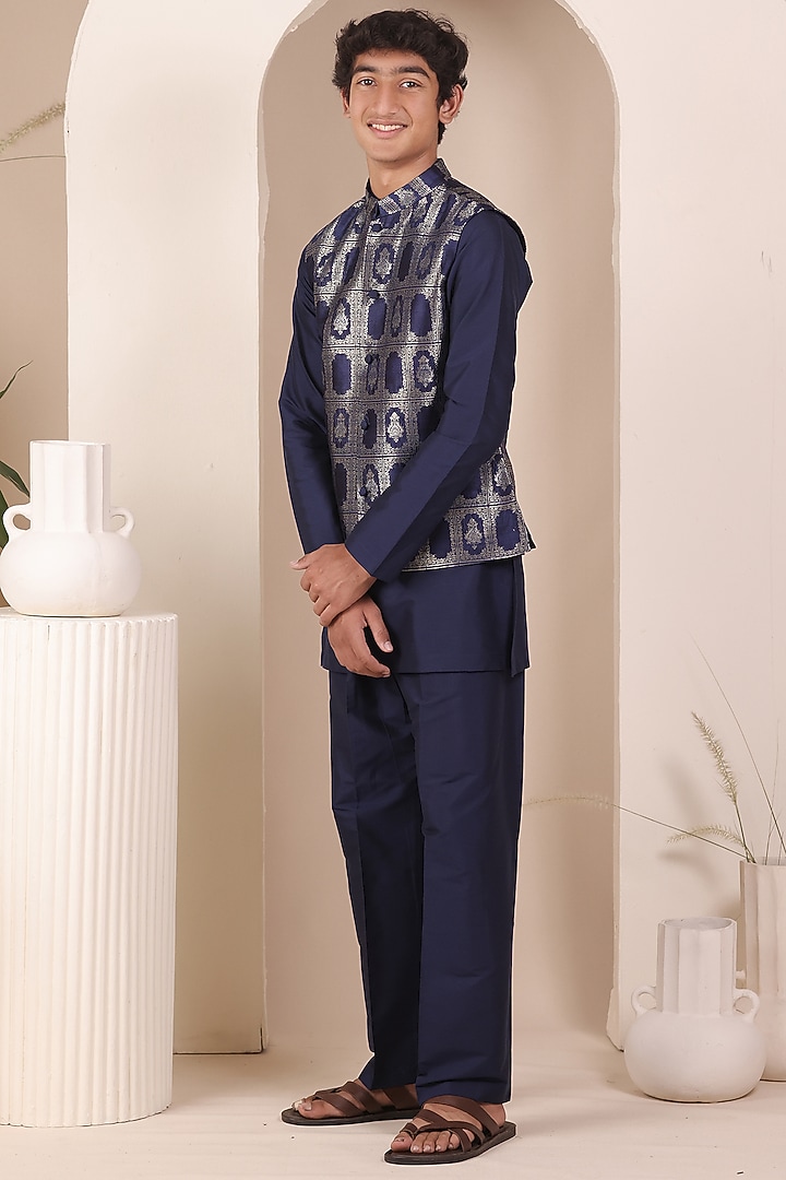 Navy Blue Handloom Tussar Nehru Jacket Set For Boys by All Boy Couture at Pernia's Pop Up Shop
