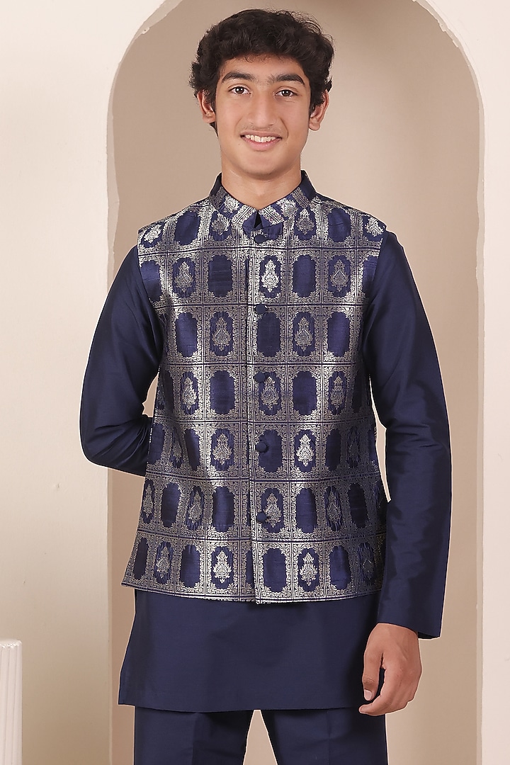 Navy Blue Handloom Tussar Nehru Jacket Set For Boys by All Boy Couture at Pernia's Pop Up Shop