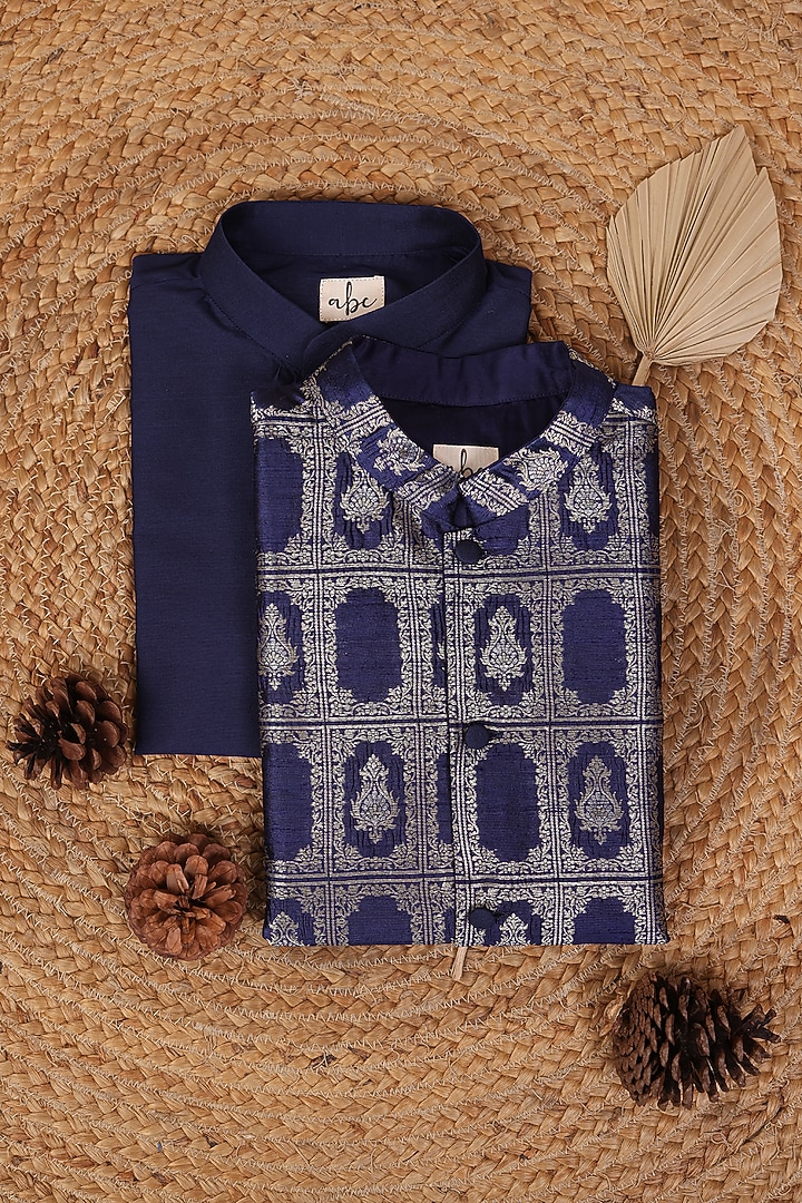 Navy Blue Handloom Tussar Nehru Jacket Set For Boys by All Boy Couture at Pernia's Pop Up Shop