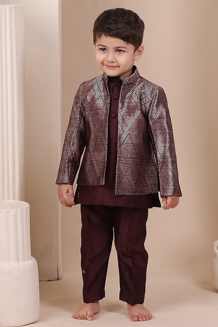 Wine Handwoven Tussar Bandhgala Set For Boys by All Boy Couture at Pernia's Pop Up Shop
