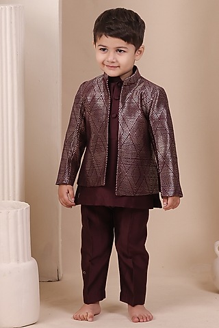 Wine Handwoven Tussar Bandhgala Set For Boys by All Boy Couture