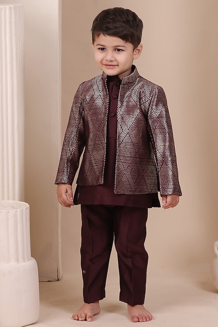 Wine Handwoven Tussar Bandhgala Set For Boys by All Boy Couture at Pernia's Pop Up Shop