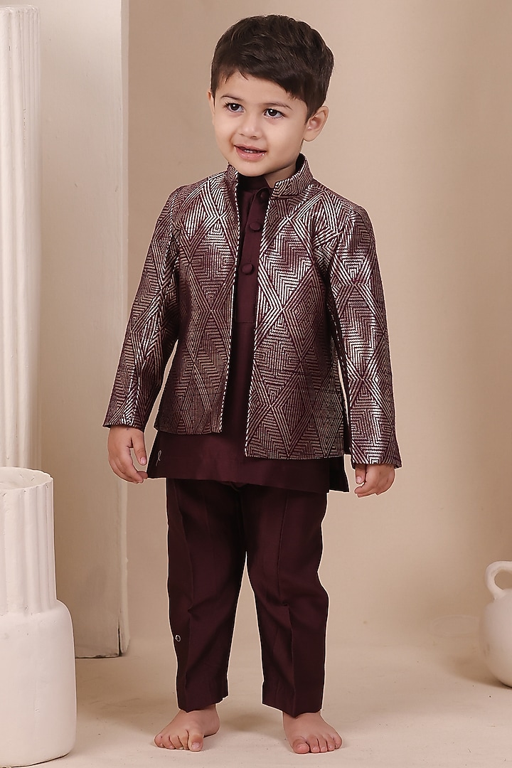 Wine Handwoven Tussar Bandhgala Set For Boys by All Boy Couture at Pernia's Pop Up Shop