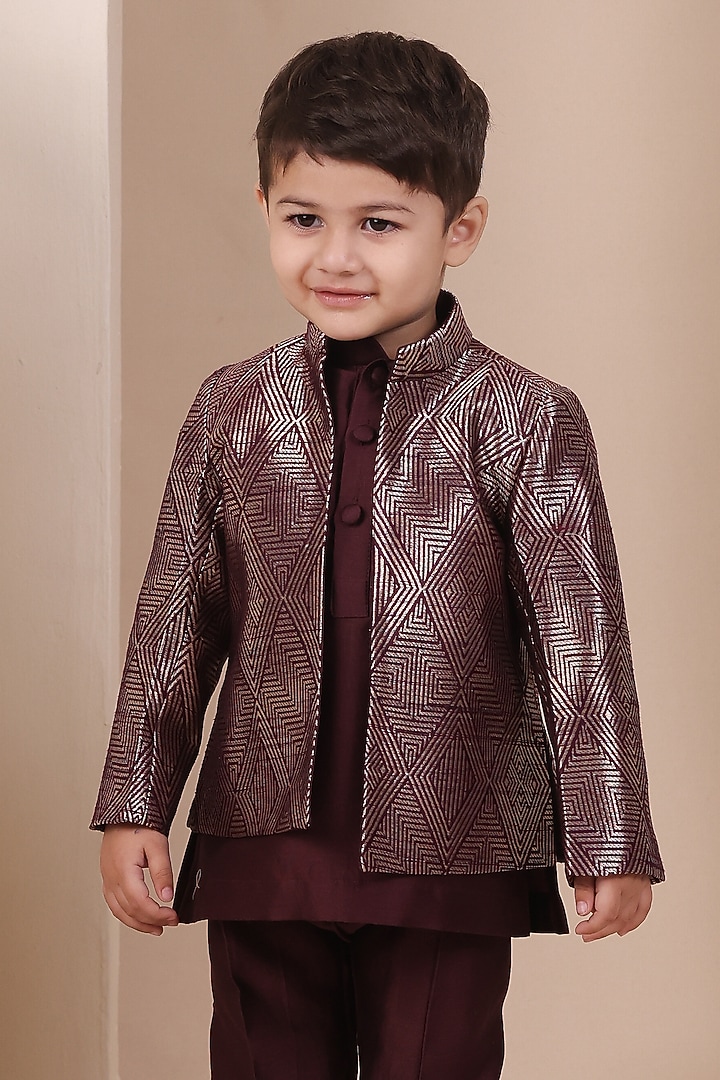 Wine Handwoven Tussar Bandhgala Set For Boys by All Boy Couture at Pernia's Pop Up Shop