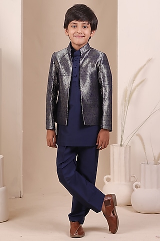 Navy Blue Handwoven Tussar Bandhgala Set For Boys by All Boy Couture