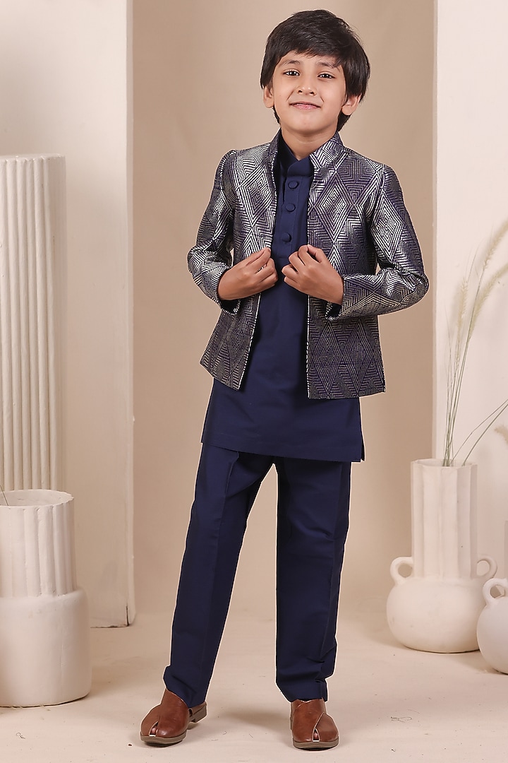 Navy Blue Handwoven Tussar Bandhgala Set For Boys by All Boy Couture at Pernia's Pop Up Shop